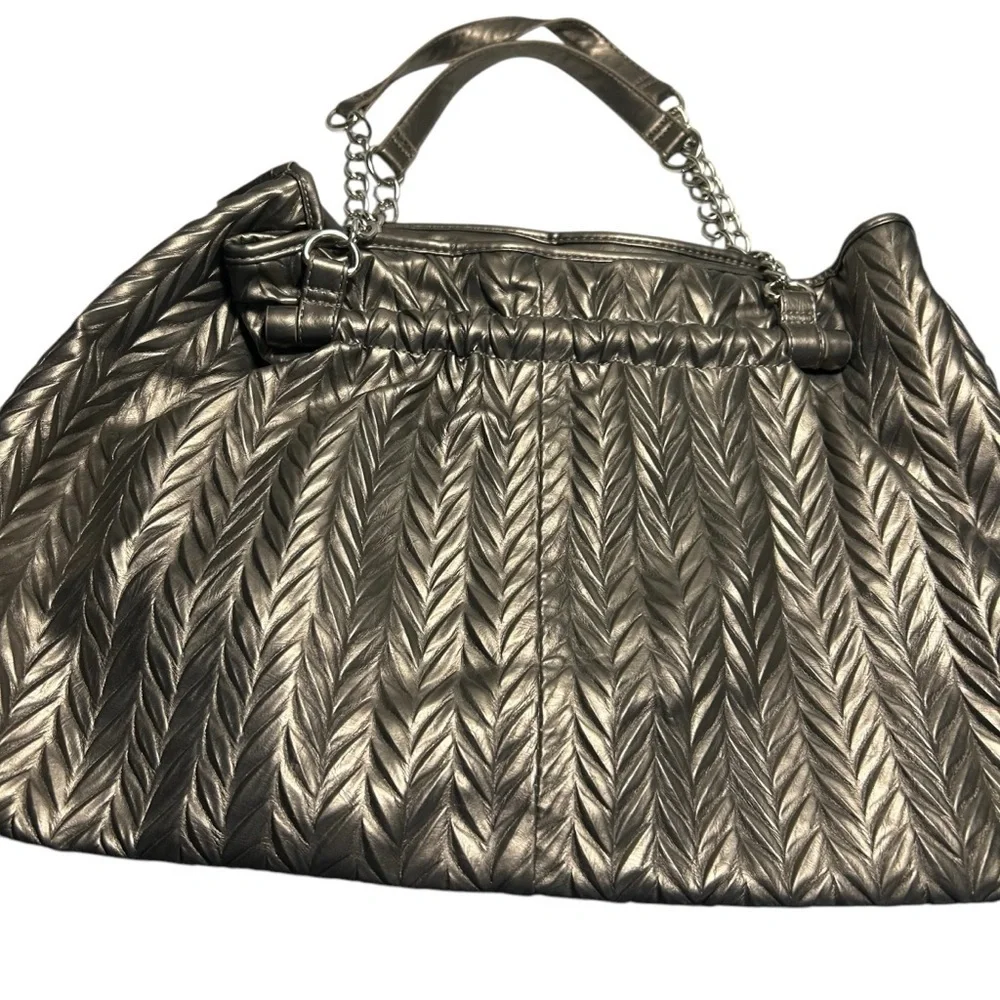 Charming Charlies Metalic Pewter Rouched Slouchy Soft Chain Detail Handles
